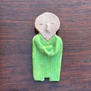 Art Jewelry Hand Sculpted Pin of a Figure in Green with Gold Highlights